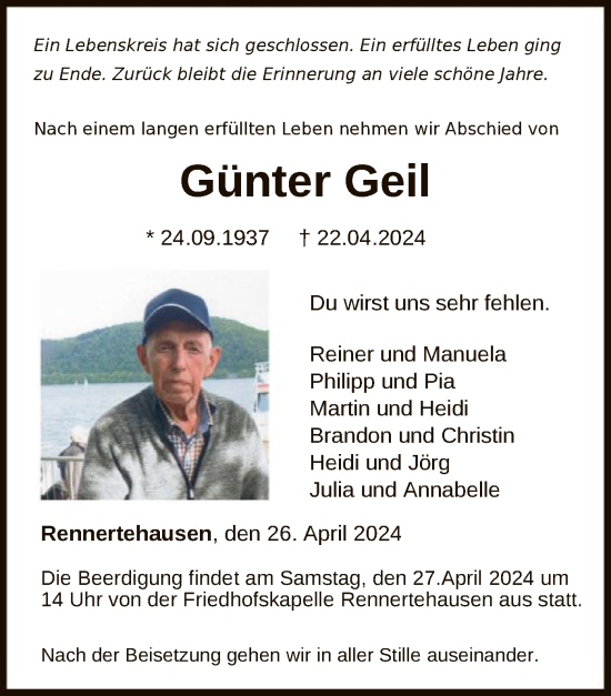 Todesanzeige von Günter Geil von HNA
