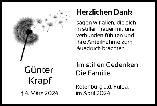 Todesanzeige von Günter Krapf von HNA