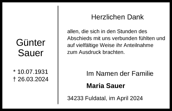 Todesanzeige von Günter Sauer von HNA