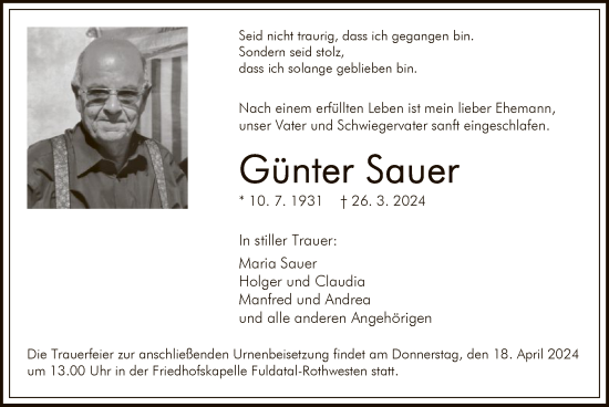 Todesanzeige von Günter Sauer von HNA