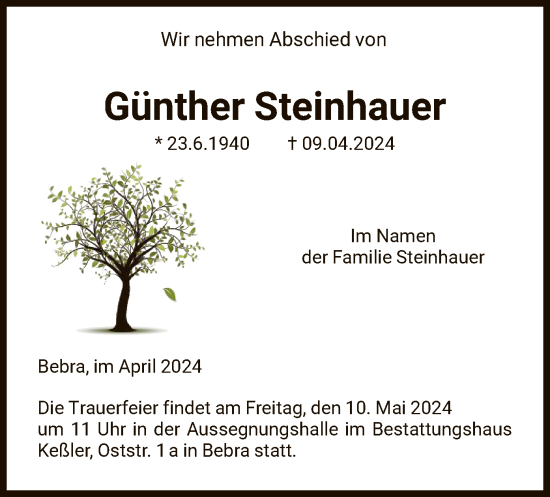 Todesanzeige von Günther Steinhauer von HNA