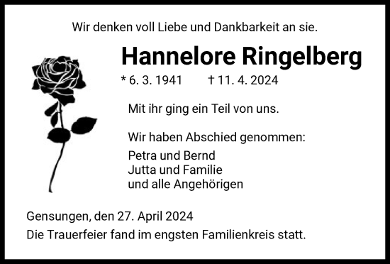 Todesanzeige von Hannelore Ringelberg von HNA