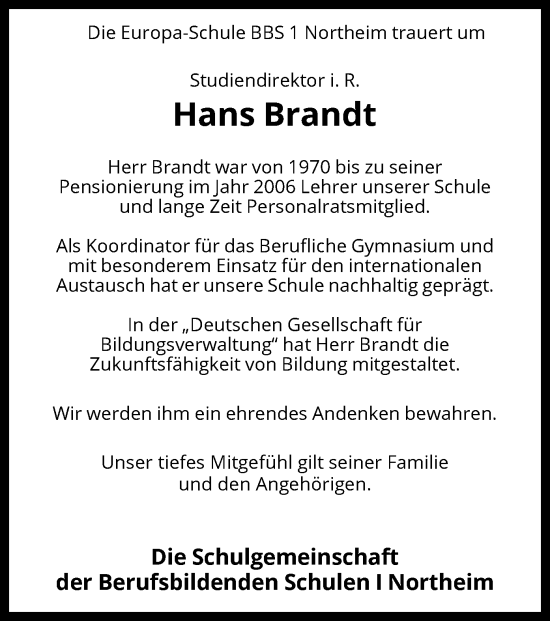 Todesanzeige von Hans Brandt von HNA