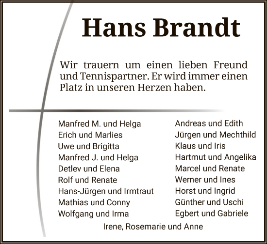 Todesanzeige von Hans Brandt von HNA