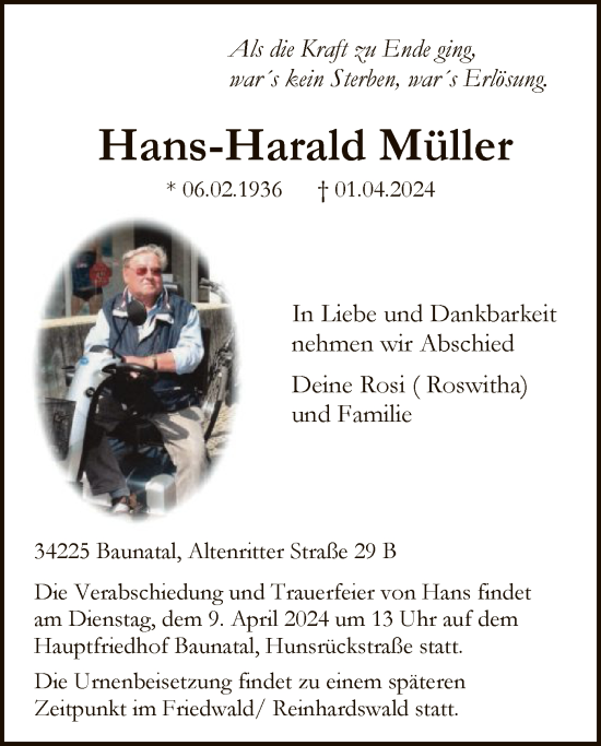 Todesanzeige von Hans-Harald Müller von HNA