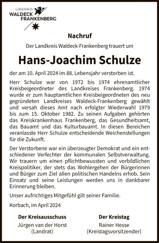 Todesanzeige von Hans-Joachim Schulze von WLZHNA