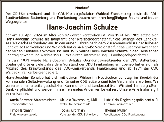 Todesanzeige von Hans-Joachim Schulze von WLZHNA