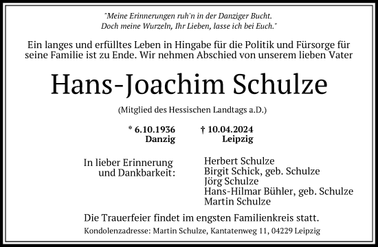 Todesanzeige von Hans-Joachim Schulze von HNAHNA