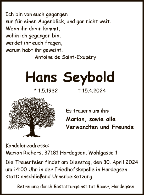 Todesanzeige von Hans Seybold von HNA