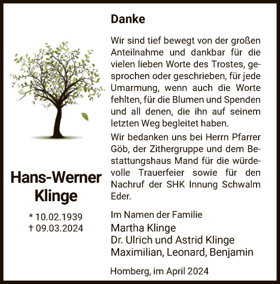 Todesanzeige von Hans-Werner Klinge von HNA