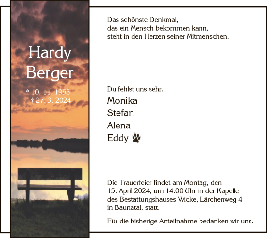 Todesanzeige von Hardy Berger von HNA