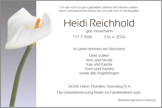 Todesanzeige von Heidi Reichhold von HNA