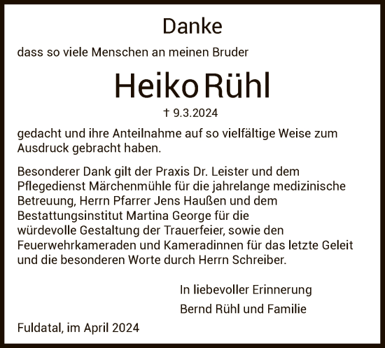 Todesanzeige von Heiko Rühl von HNA