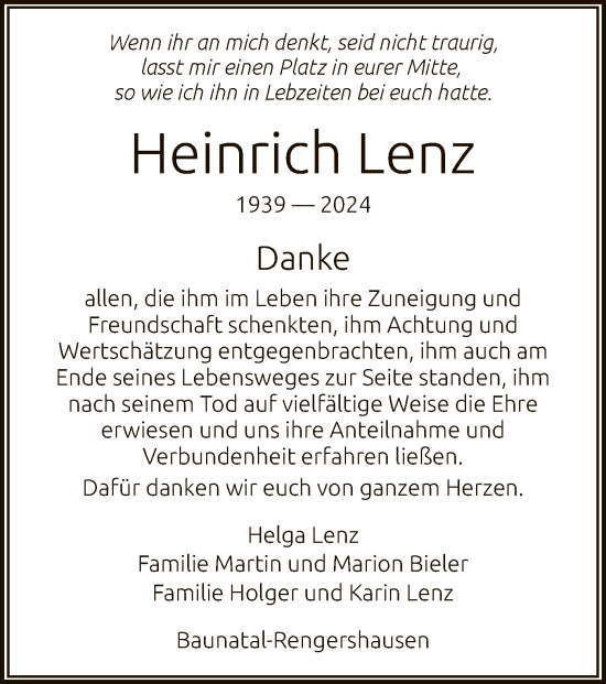 Todesanzeige von Heinrich Lenz von HNA