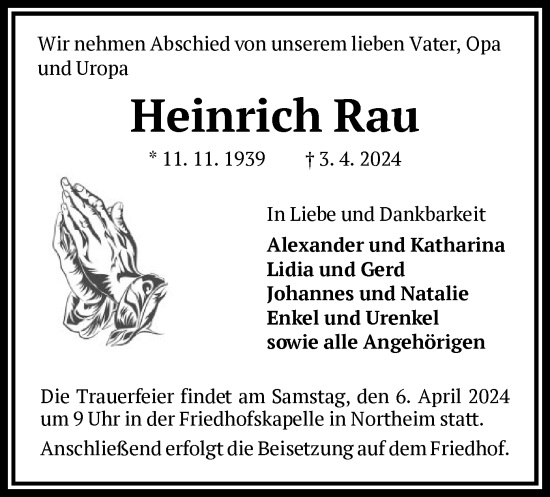 Todesanzeige von Heinrich Rau von HNA