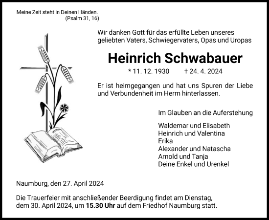 Todesanzeige von Heinrich Schwabauer von HNA
