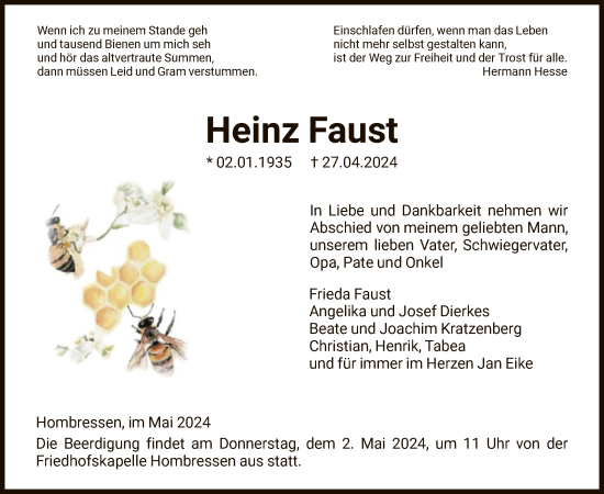 Todesanzeige von Heinz Faust von HNA