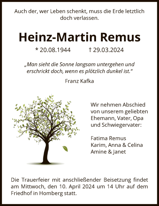 Todesanzeige von Heinz-Martin Remus von HNA