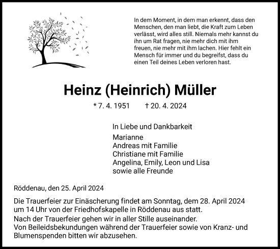Todesanzeige von Heinz Müller von HNA
