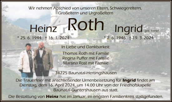 Todesanzeige von Heinz Roth von HNA