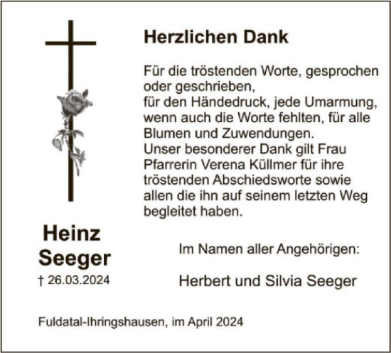 Todesanzeige von Heinz Seeger von HNA