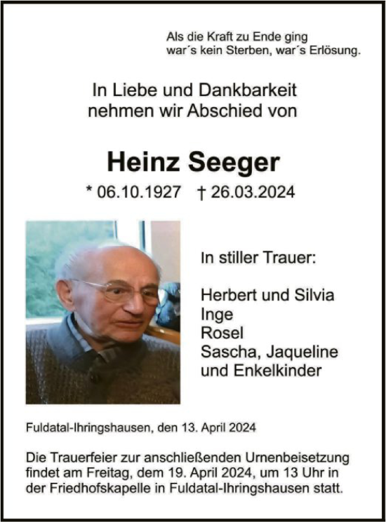 Todesanzeige von Heinz Seeger von HNA