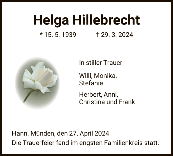 Todesanzeige von Helga Hillebrecht von HNA