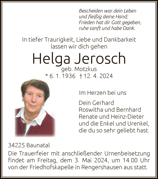 Todesanzeige von Helga Jerosch von HNA