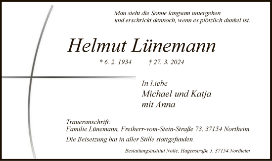 Todesanzeige von Helmut Lünemann von HNA
