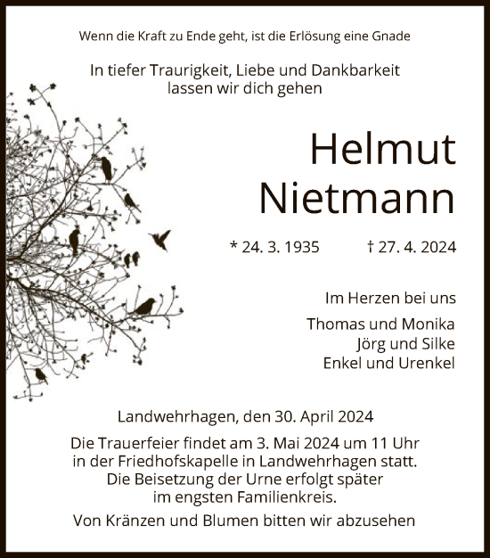 Todesanzeige von Helmut Nietmann von HNA