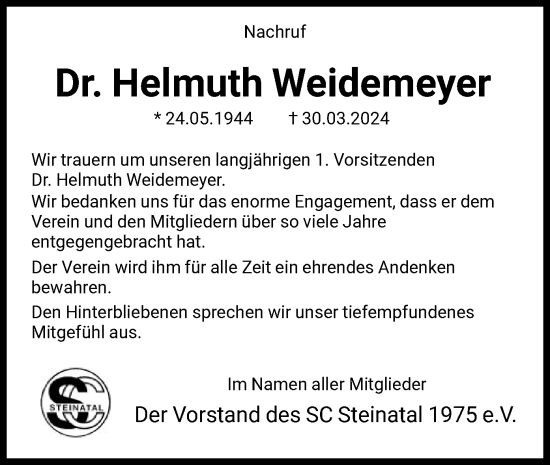 Todesanzeige von Helmuth Weidemeyer von HNA
