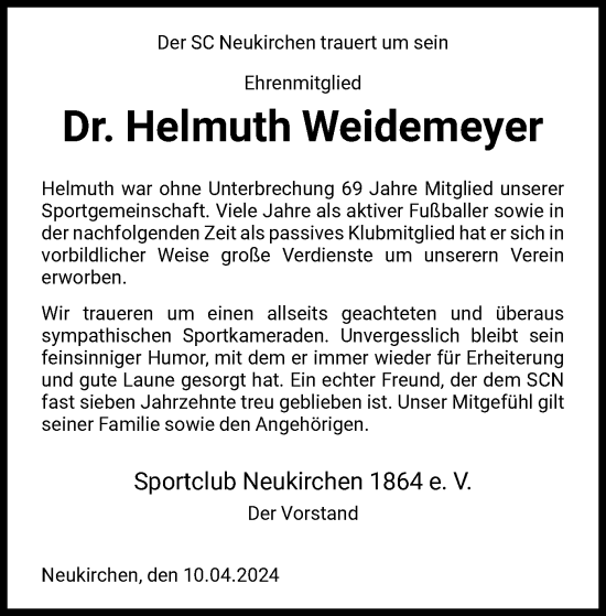 Todesanzeige von Helmuth Weidemeyer von HNA