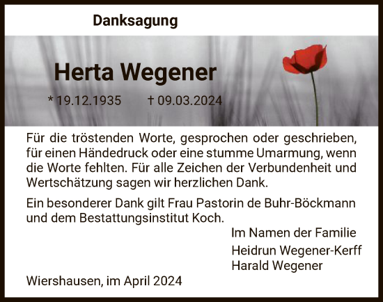 Todesanzeige von Herta Wegener von HNA