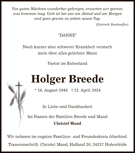Todesanzeige von Holger Breede von HNA
