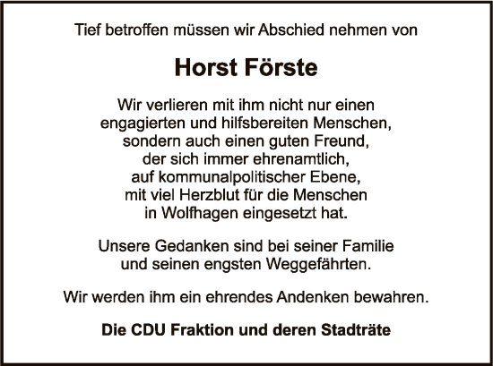 Todesanzeige von Horst Förste von HNA