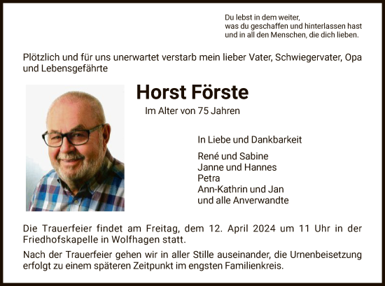 Todesanzeige von Horst Förste von HNA