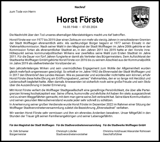 Todesanzeige von Horst Förste von HNA