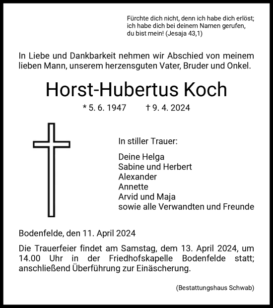 Todesanzeige von Horst-Hubertus Koch von HNA