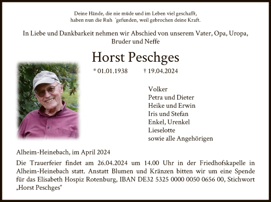 Todesanzeige von Horst Peschges von HNA