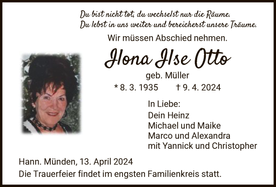 Todesanzeige von Ilona Ilse Otte von HNA