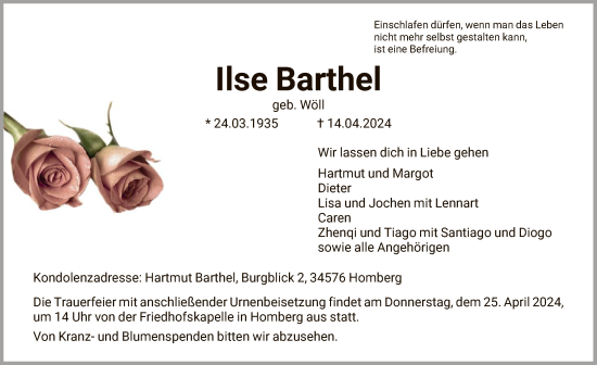 Todesanzeige von Ilse Barthel von HNAHNAHNA