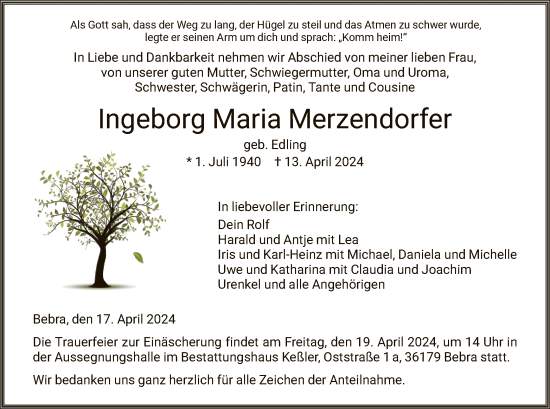 Todesanzeige von Ingeborg Maria Merzendorfer von HNA