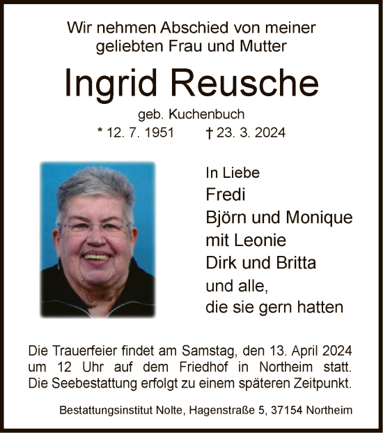 Todesanzeige von Ingrid Reusche von HNA