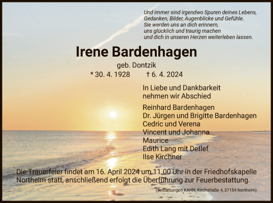 Todesanzeige von Irene Bardenhagen von HNA