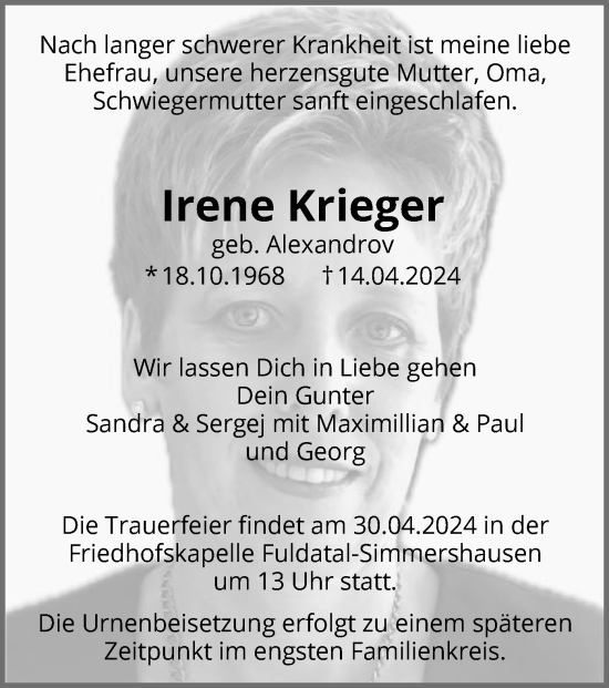 Todesanzeige von Irene Krieger von HNA