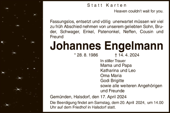 Todesanzeige von Johannes Engelmann von HNA