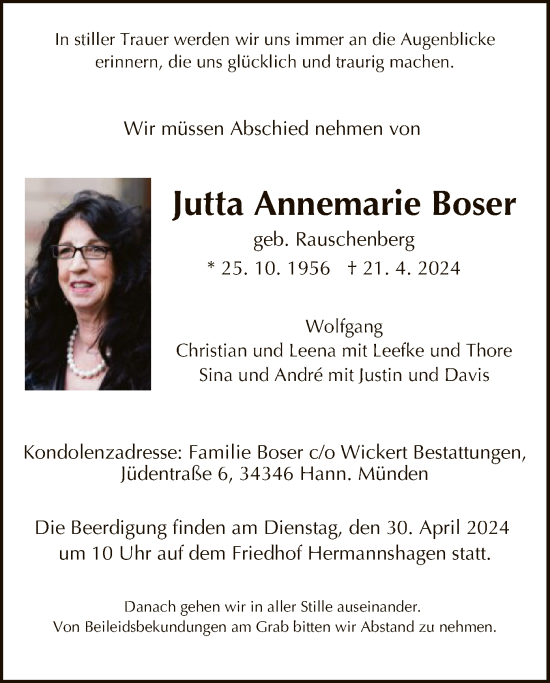 Todesanzeige von Jutta Annemarie Boser von HNA