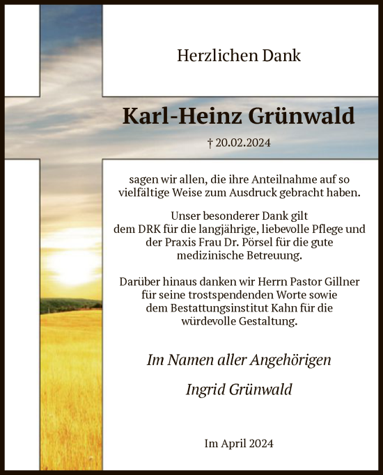Todesanzeige von Karl-Heinz Grünwald von HNA