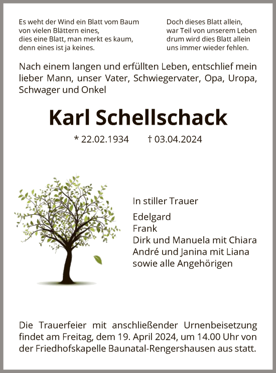 Todesanzeige von Karl Schellschack von HNA