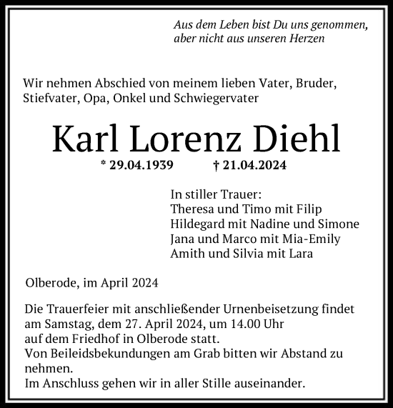 Todesanzeige von Karl Lorenz Diehl von HNA